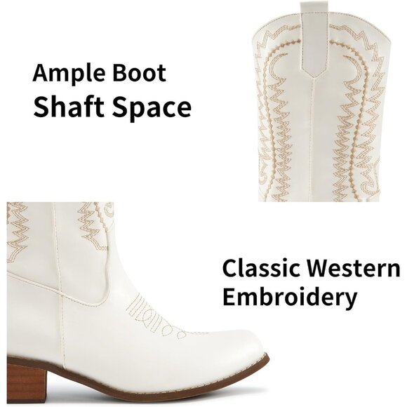 Women's Embroidered White Mid Calf Western Pointed Toe Low Chunky Heel Boot - Picture 4 of 7